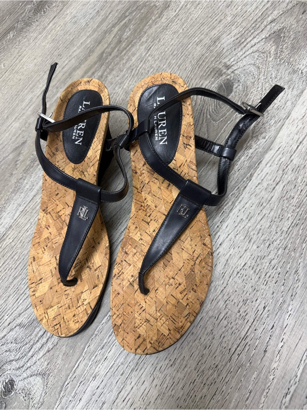 Lauren Ralph Lauren Black Leather Cork Footbed Thong Wedge Sandals